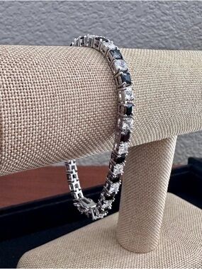 Black and Diamond Princess-Cut CZ Sterling Silver Plated Tennis Bracelet
